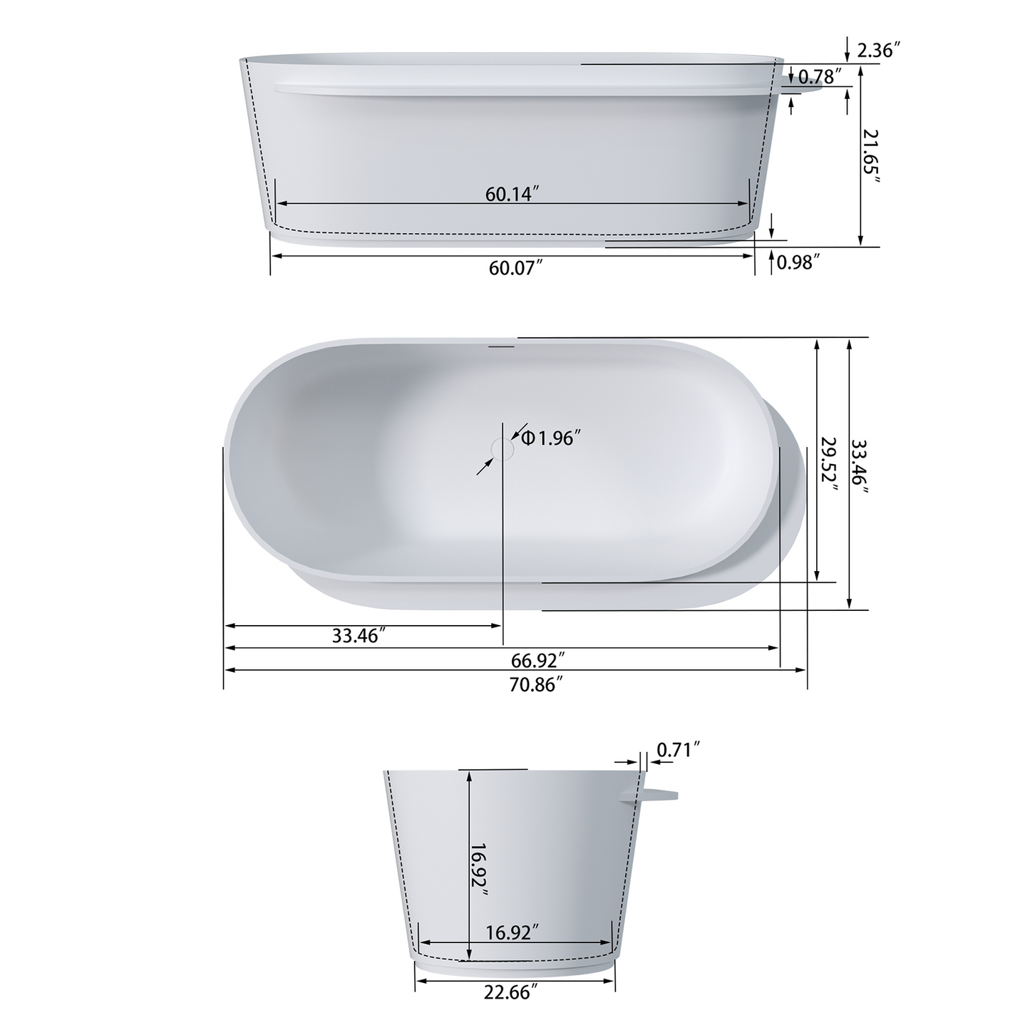 71“ Solid Surface Tub BW-104371W