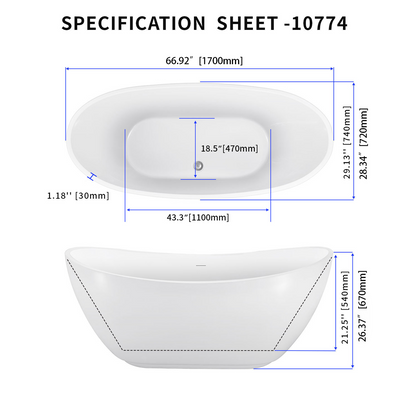 67" Acrylic Bathtub YBALBT10774