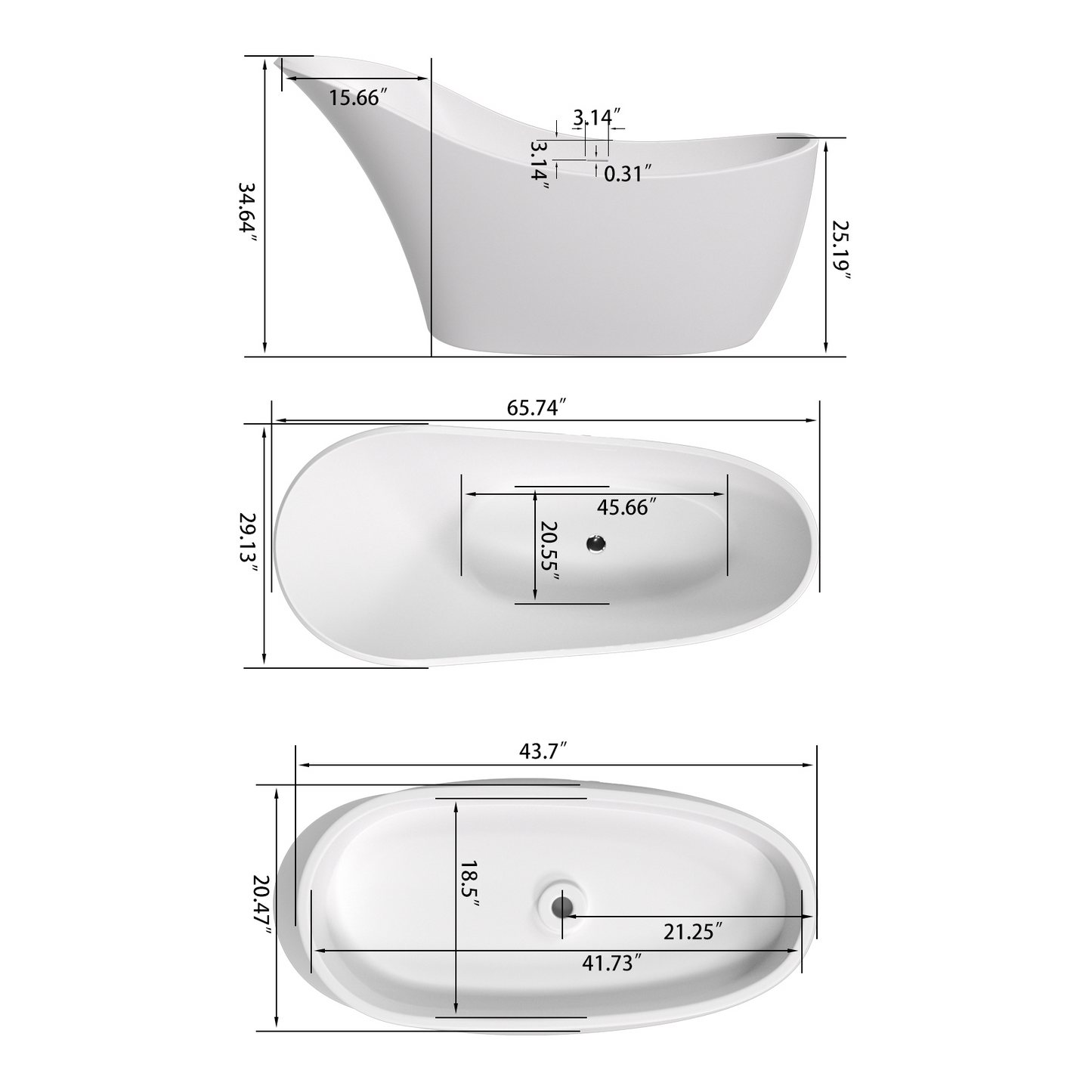 66" Solid Surface Tub YBAFBT11604