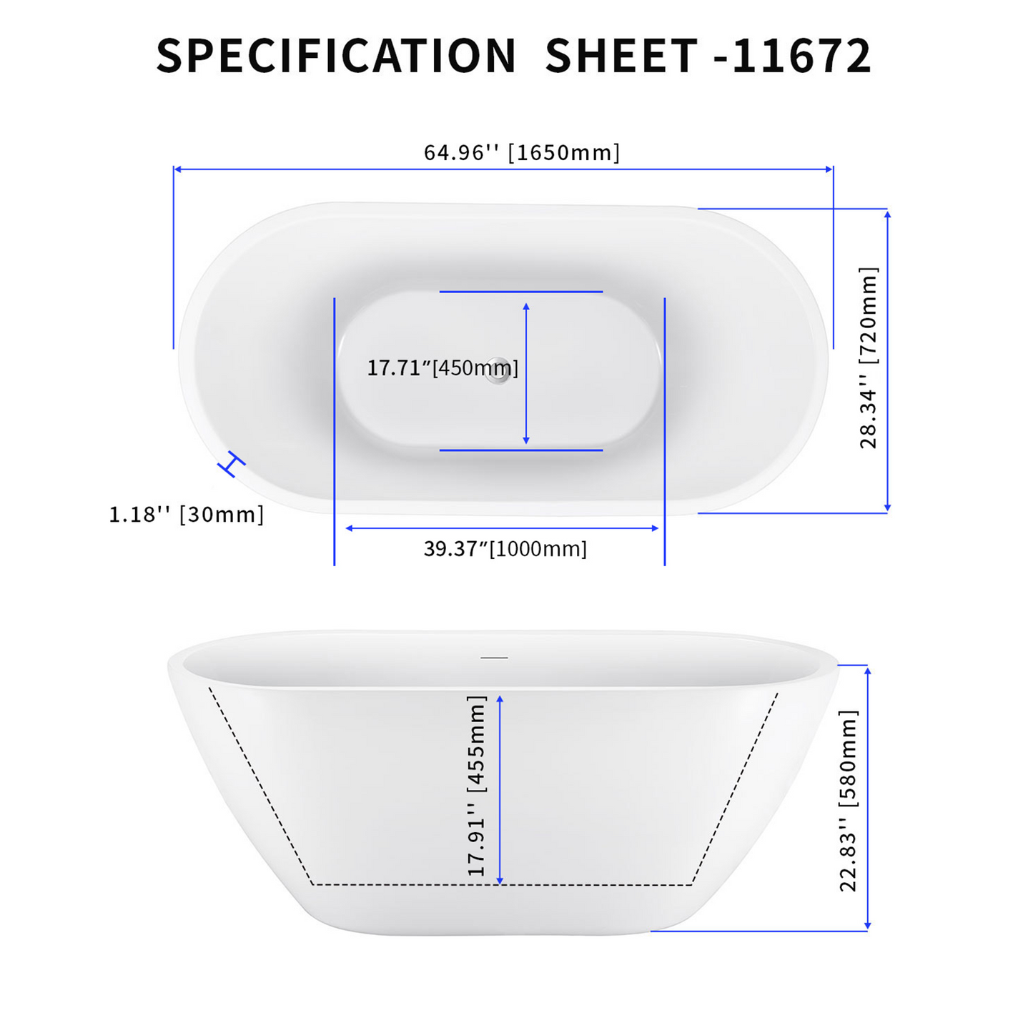 65" Acrylic Bathtub  YBALBT11672