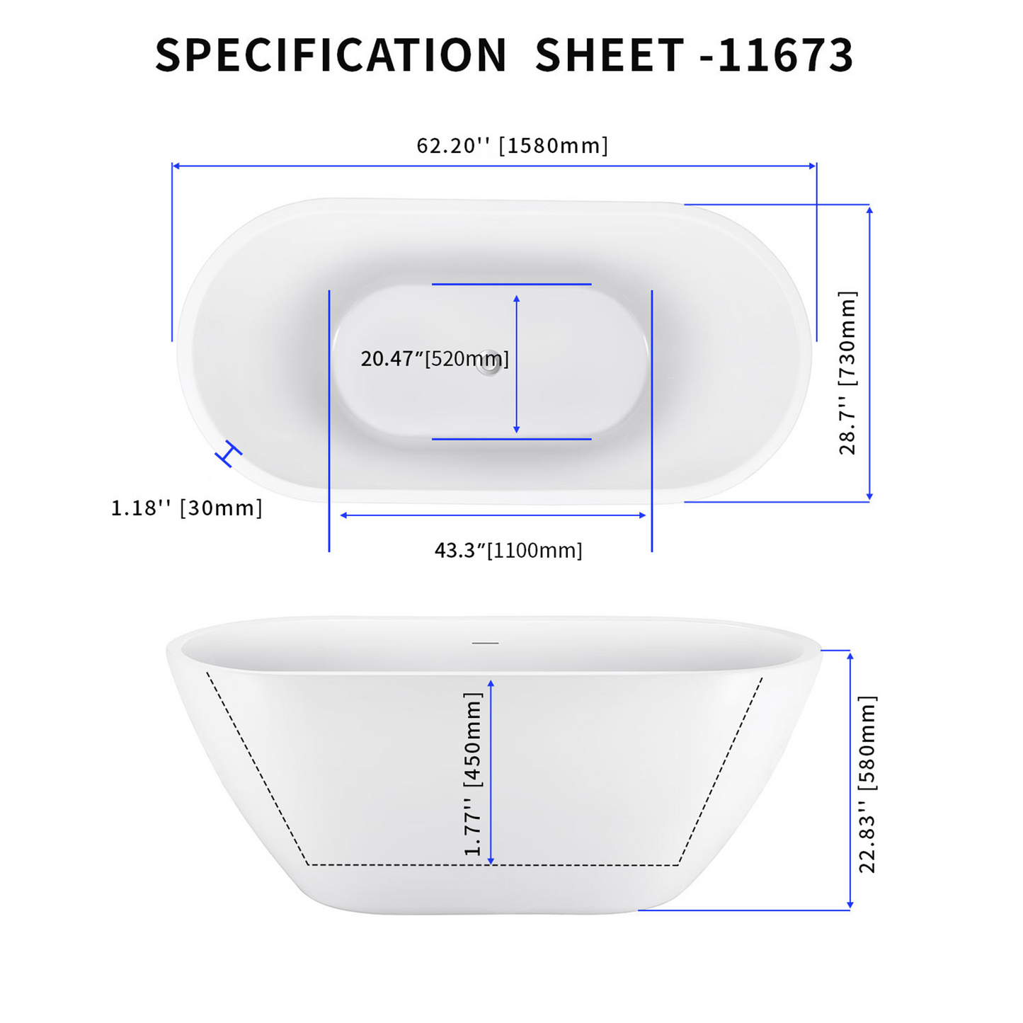 62" Acrylic Bathtub YBALBT11673