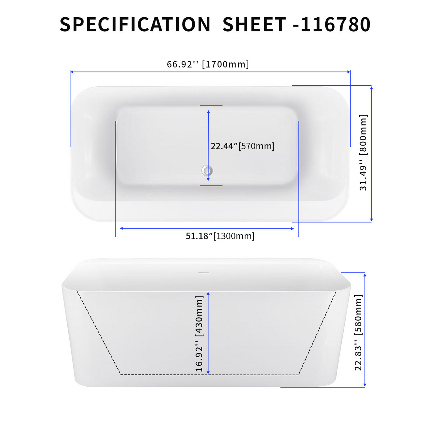 67" Acrylic Bathtub YBALBT116780