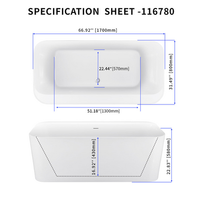 67" Acrylic Bathtub YBALBT116780