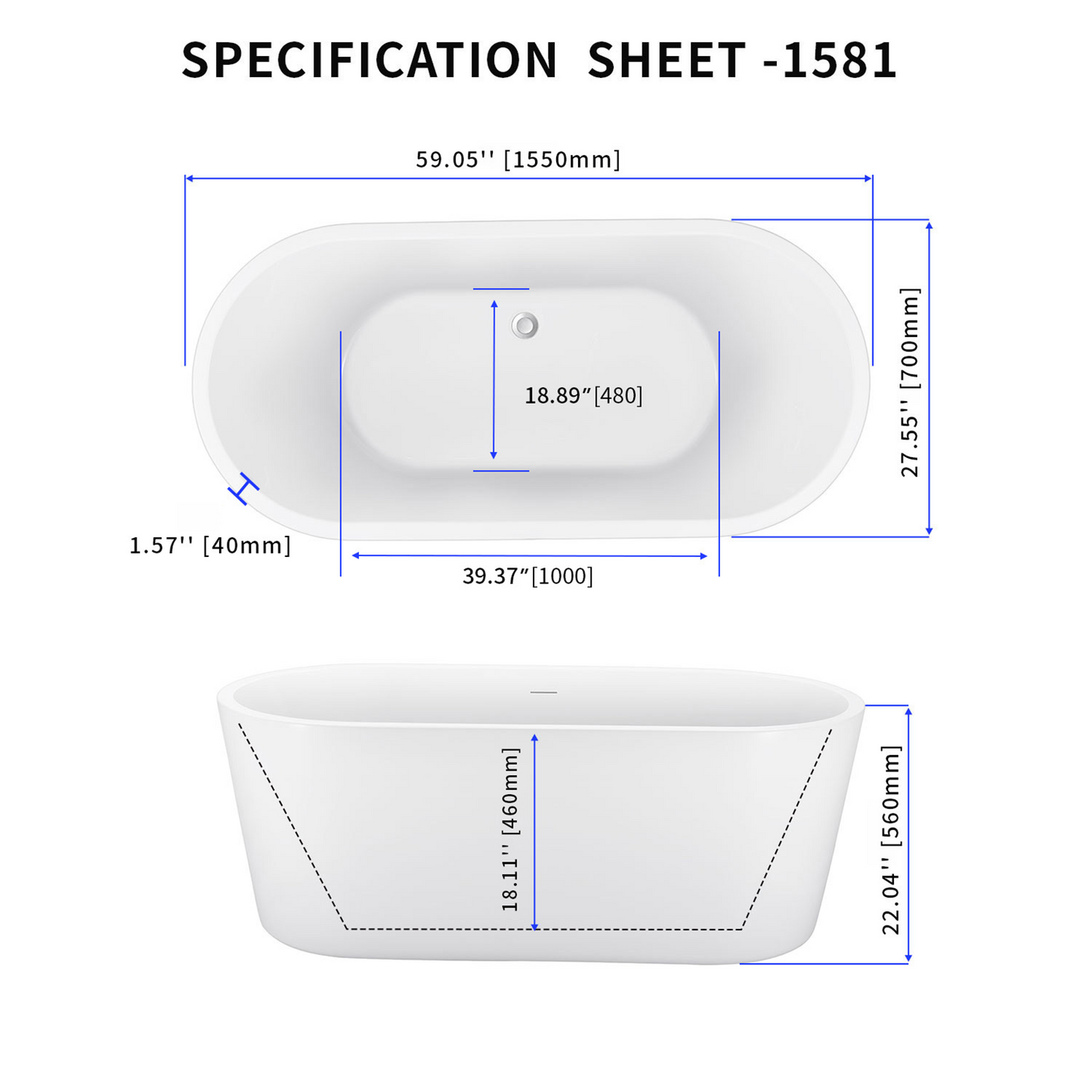 59" Acrylic Bathtub YBALBT1581