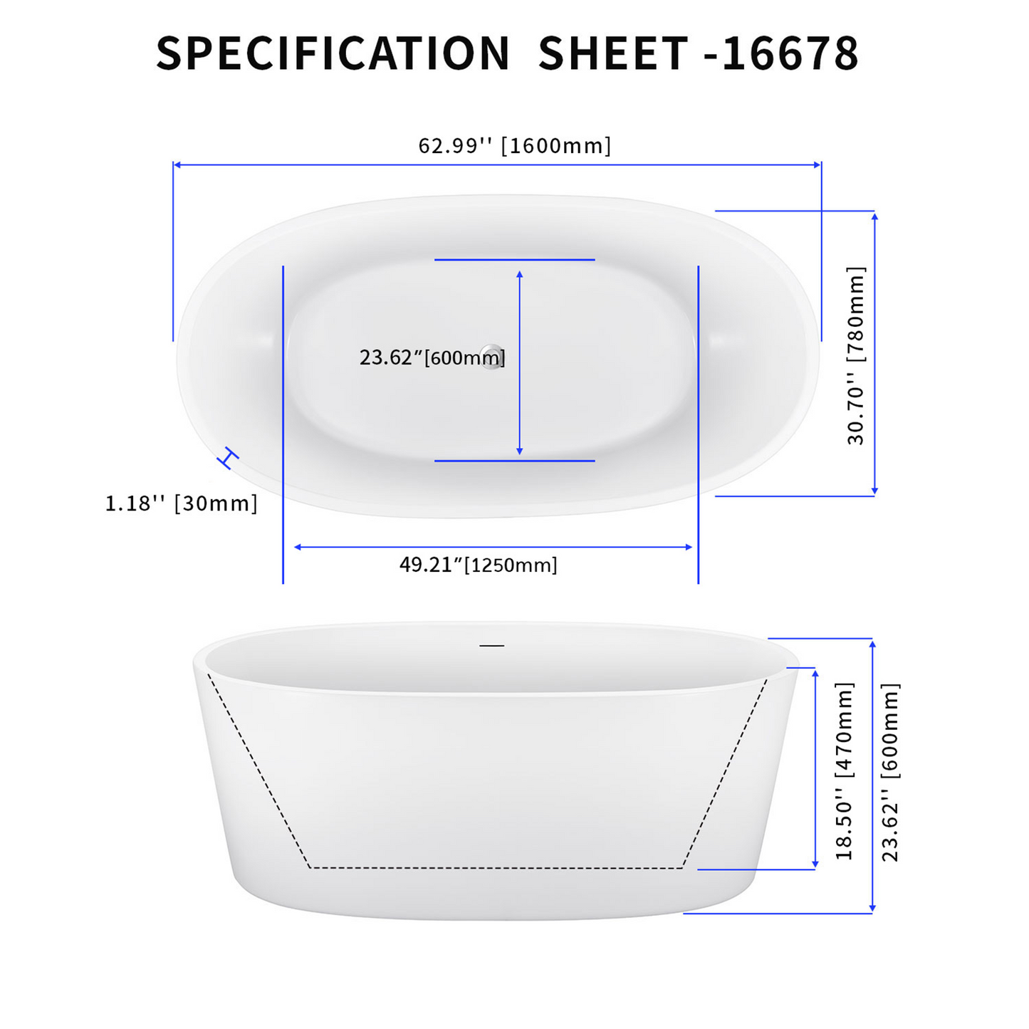 63" Acrylic Bathtub YBALBT16678