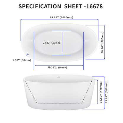 63" Acrylic Bathtub YBALBT16678