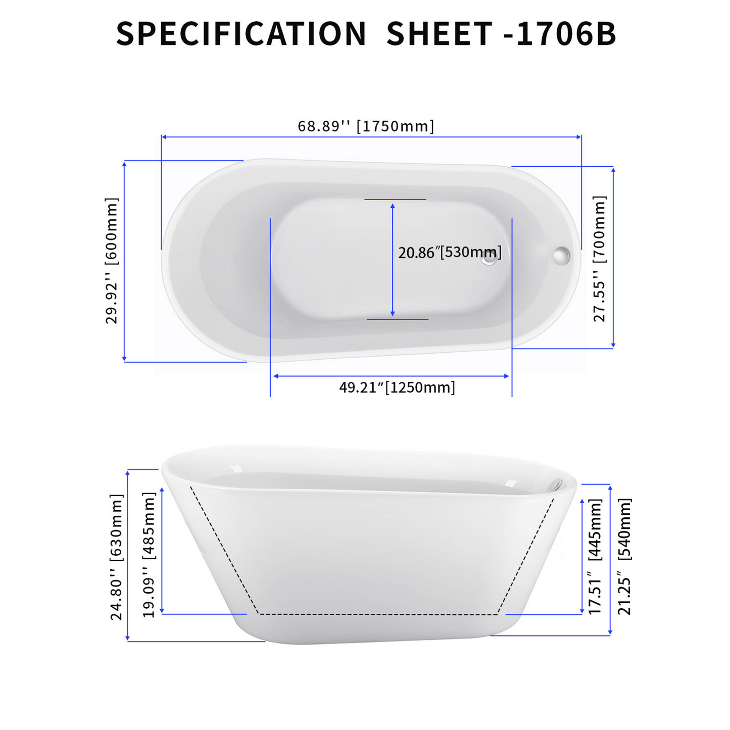 69" Acrylic Bathtub 1706B