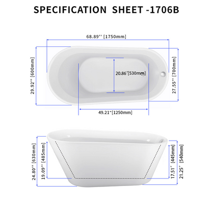 69" Acrylic Bathtub 1706B