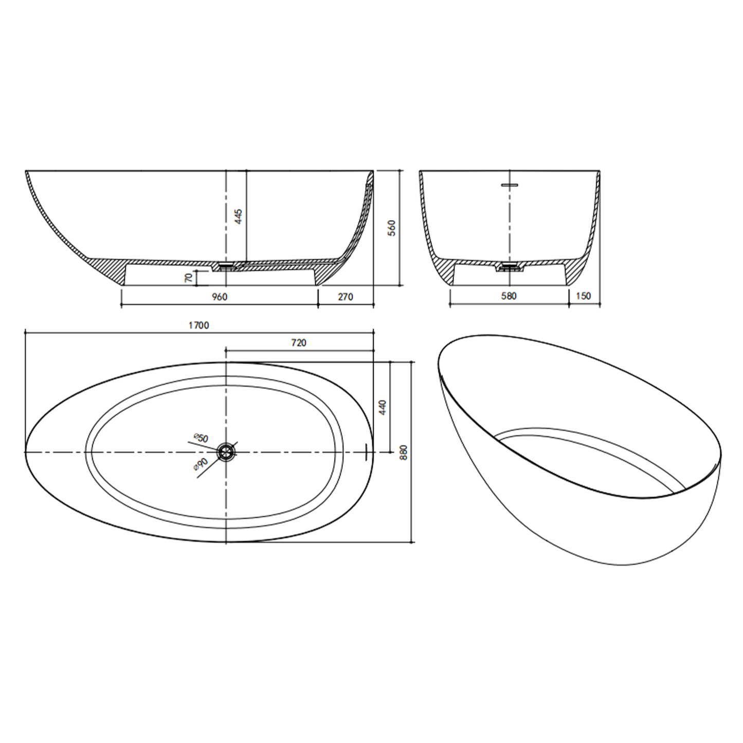 67" Solid Surface Tub YBAFBT86022