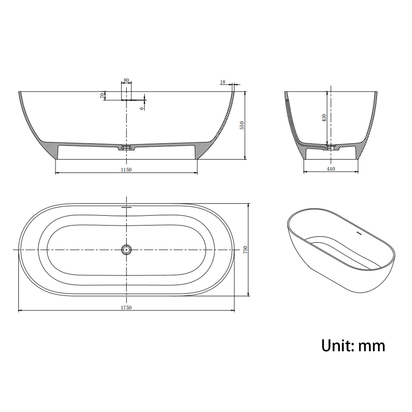 69“ Stone Resin Tub BW-103869