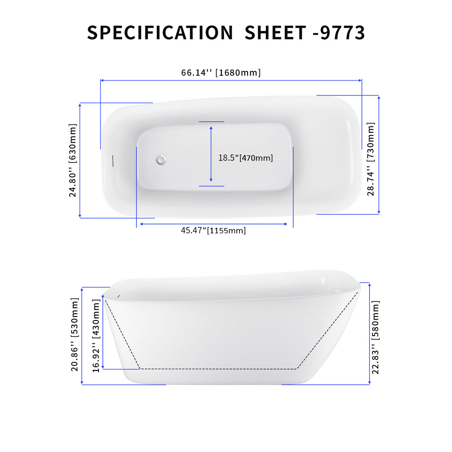 66" Acrylic Bathtub 9773