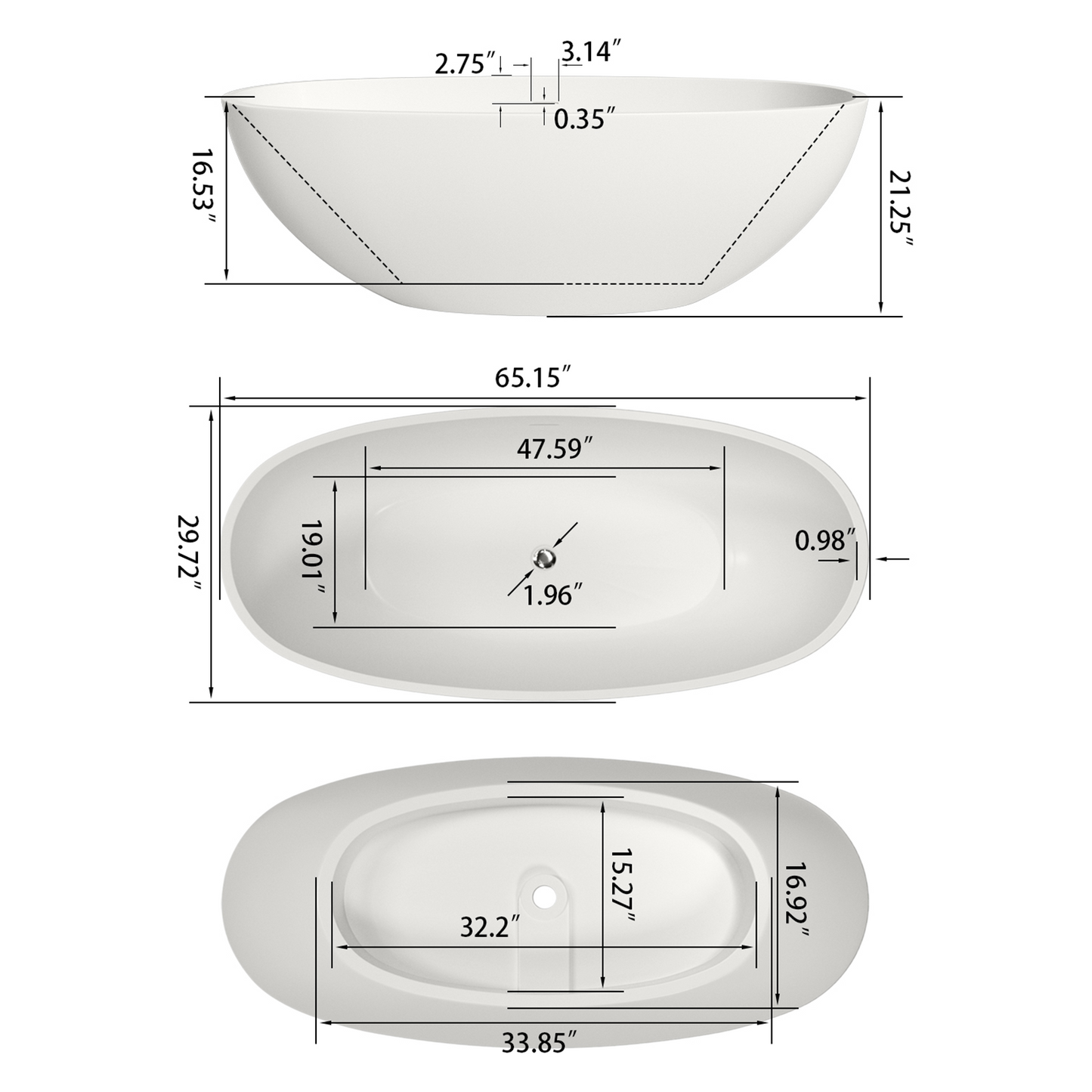 65" Solid Surface Tub YBAFBT11611