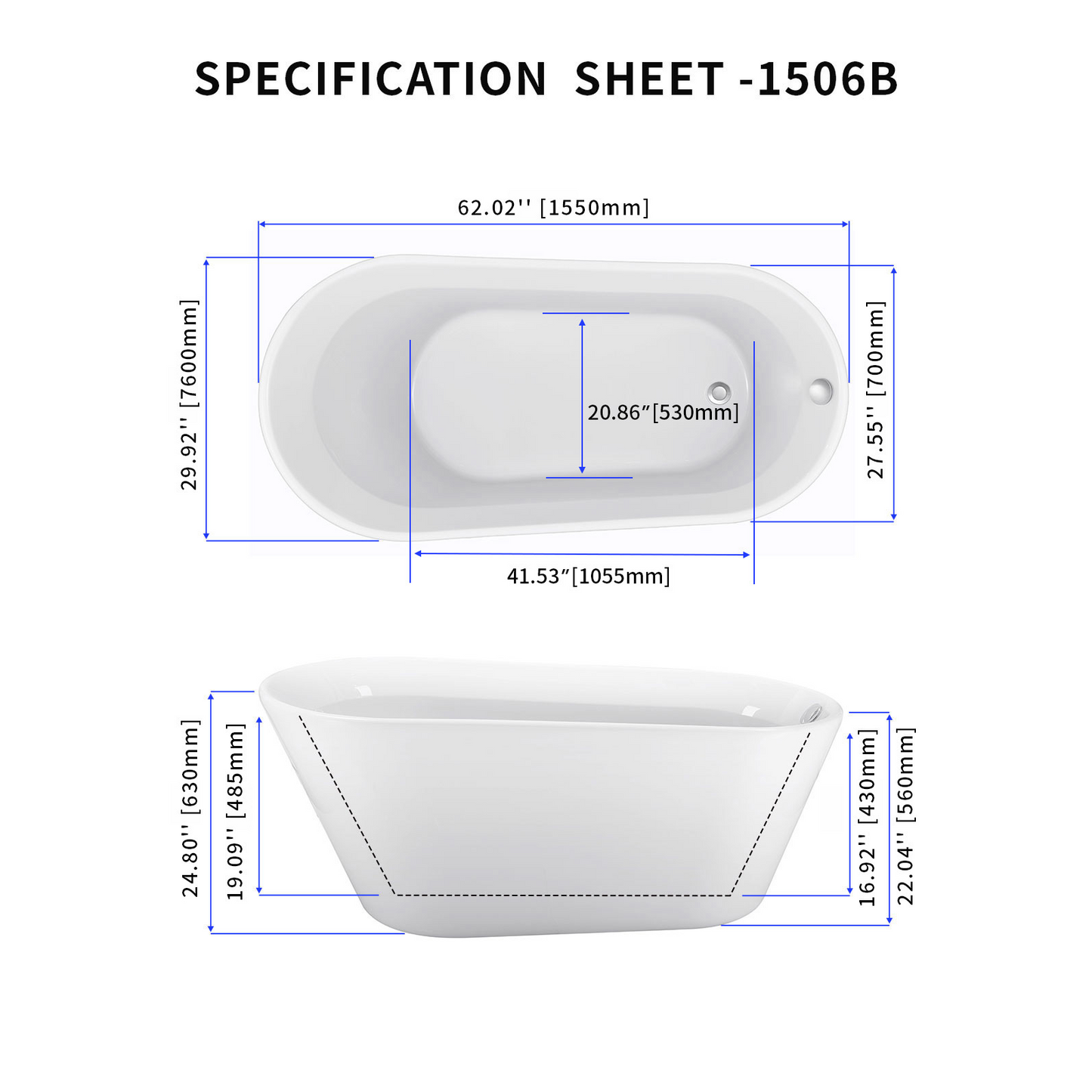 61" Acrylic Bathtub EB1506B