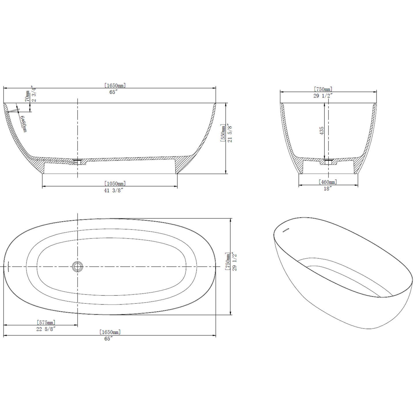 65“ Solid Surface Tub YBAFBT1004-65