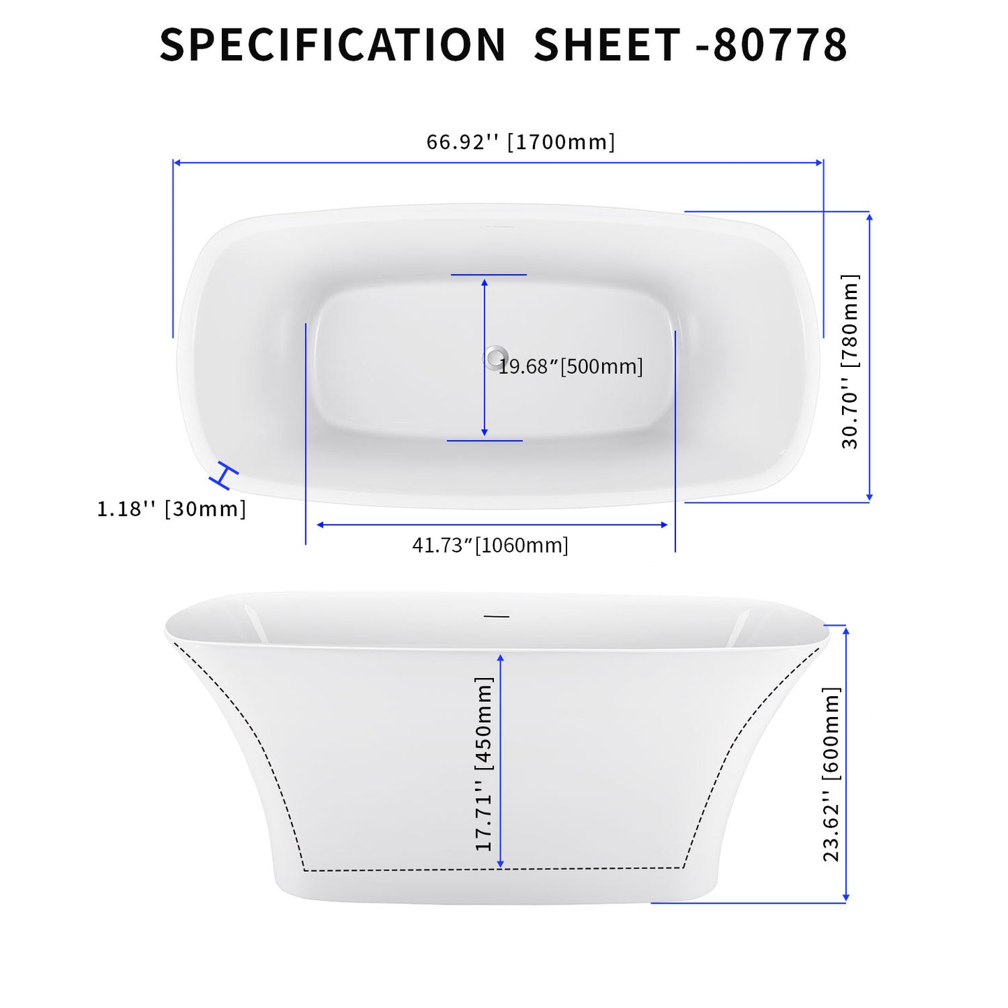 67" Acrylic Bathtub YBALBT80778